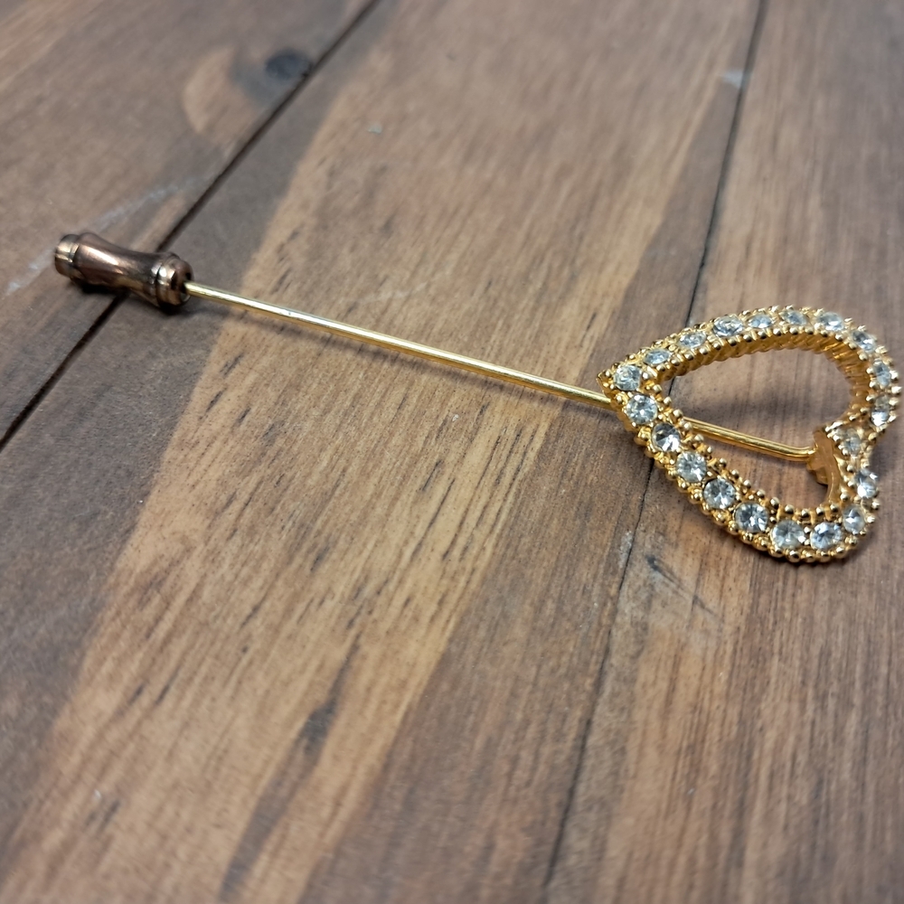 Gold Toned Rhinestone Heart Stick Pin